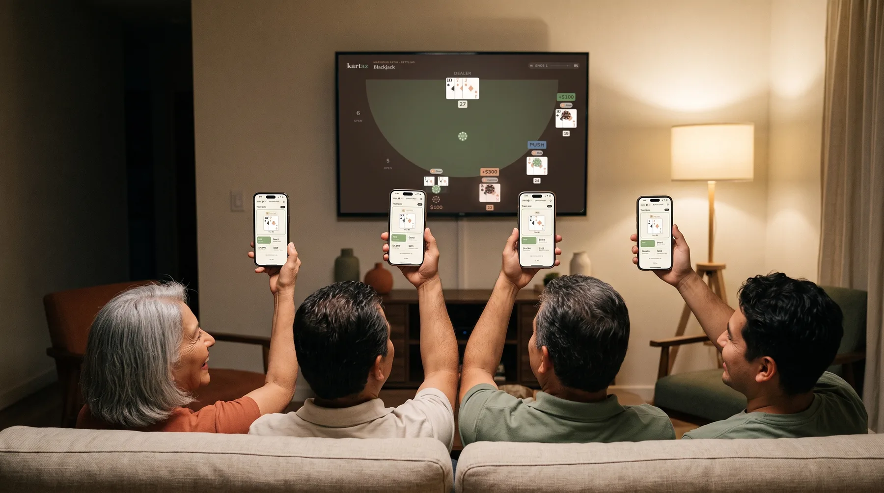 Cuatro adultos en un sillón vistos de espaldas, cada quien levantando su iPhone con su propia mano de Blackjack de Kartaz, y la mesa compartida en la tele frente a ellos